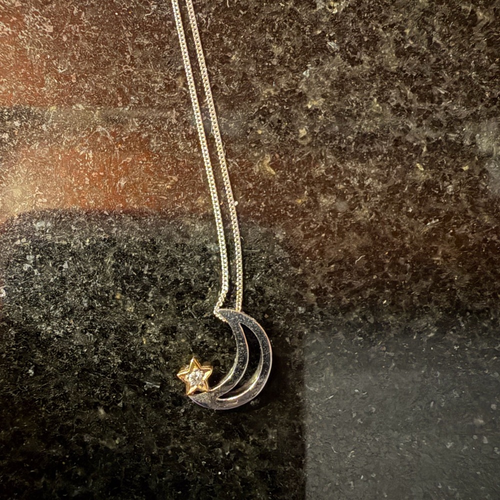 White gold Crescent Moon and Star Necklace